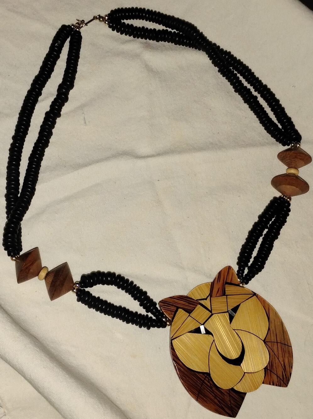 Vintage Wood Inlay Lion Necklace 22" Statement Pendant